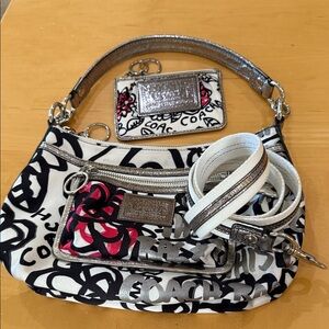 Coach Black and White Shoulder Bag with Red Accents